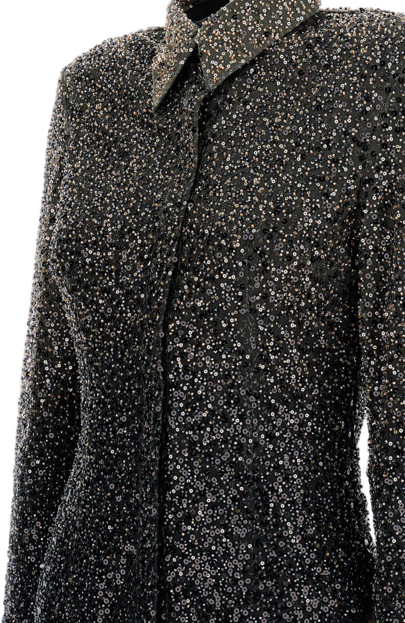 Rotate Long-Sleeve Polo Shirt With Beaded Embellishment And Structured Design Zwart
