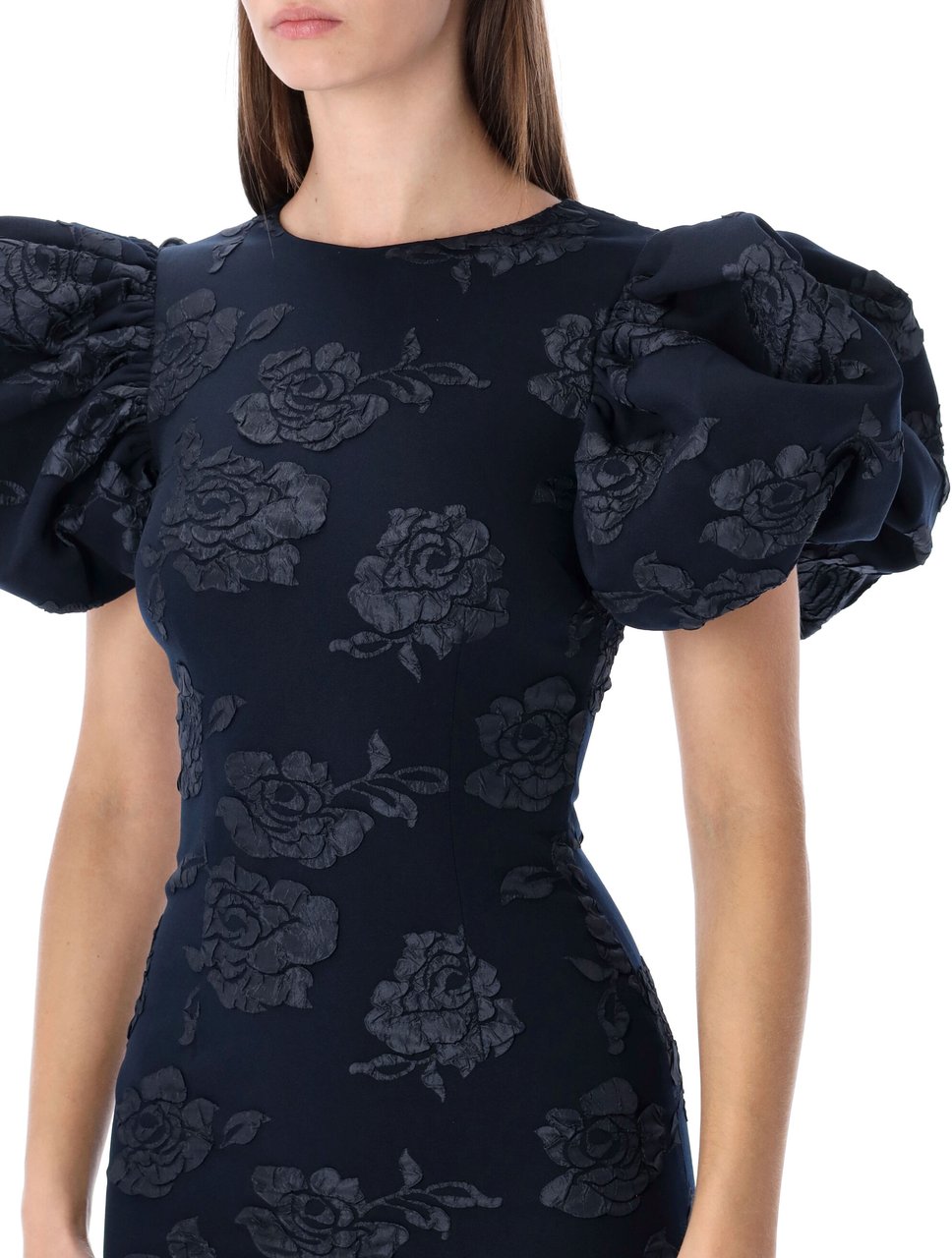 Rotate Midi Puff Dress Flower Intarsia Blu Blauw