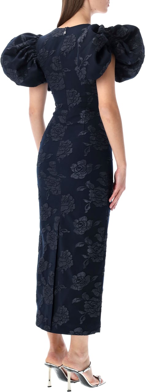 Rotate Midi Puff Dress Flower Intarsia Blu Blauw