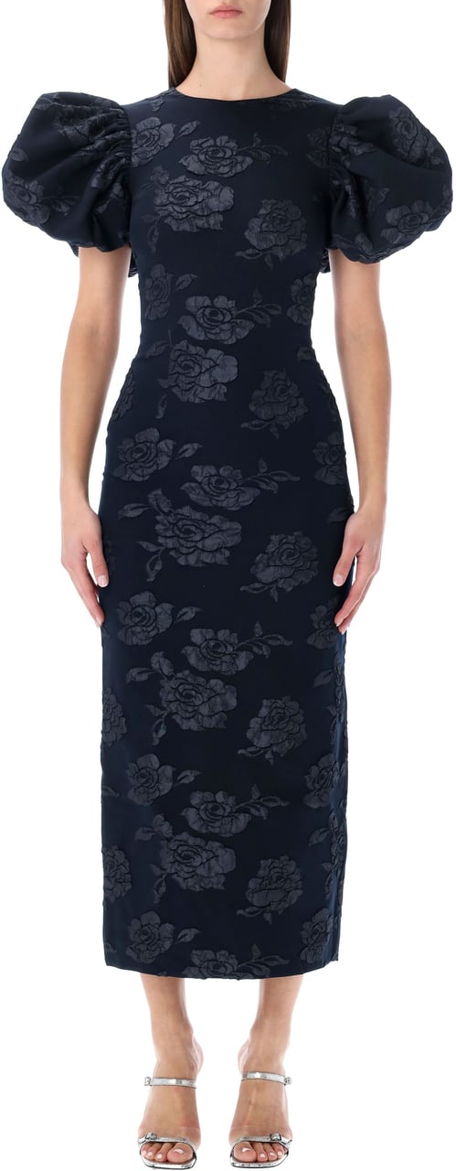 Rotate Midi Puff Dress Flower Intarsia Blu Blauw