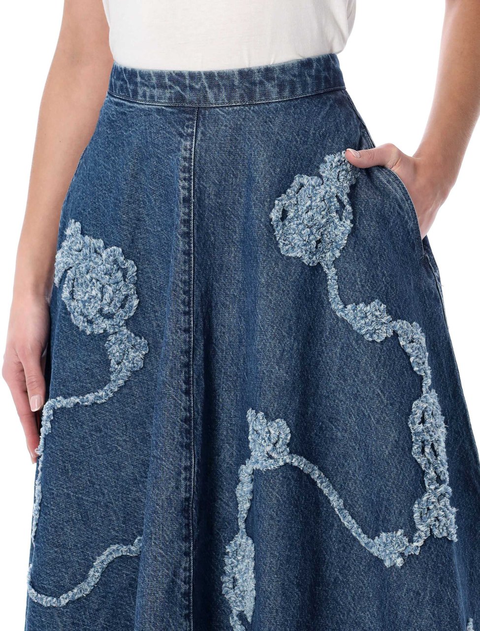 Rotate Denim Flower Midi Skirt Mid Blue Blauw