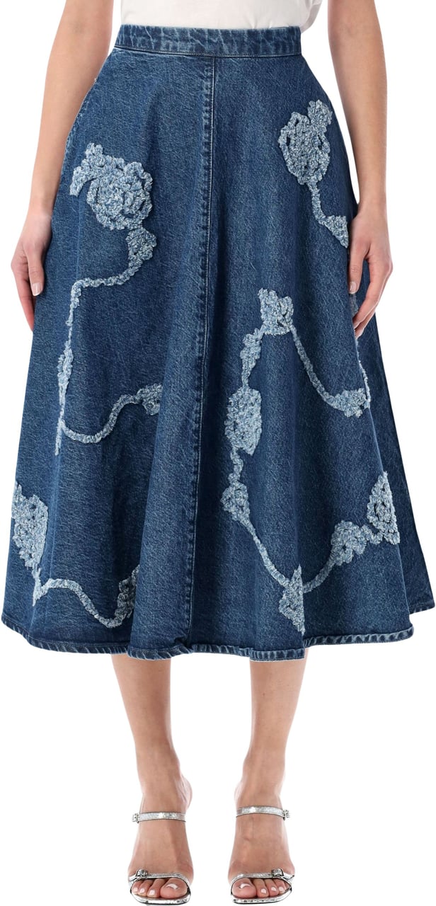 Rotate Denim Flower Midi Skirt Mid Blue Blauw