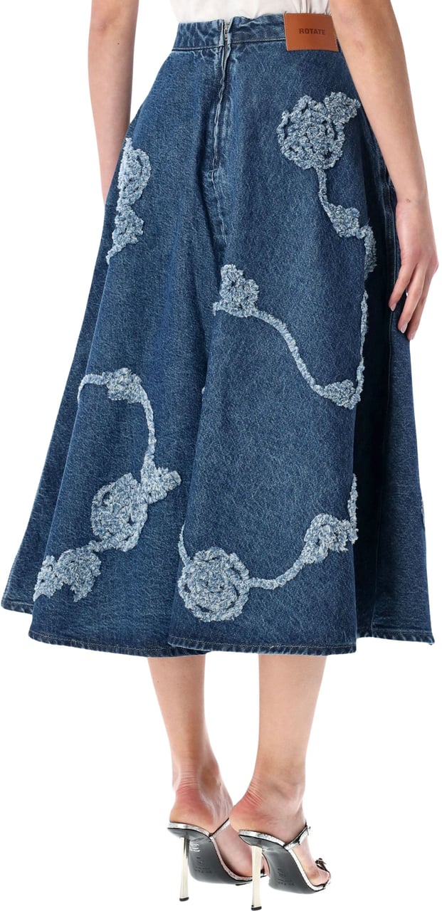 Rotate Denim Flower Midi Skirt Mid Blue Blauw