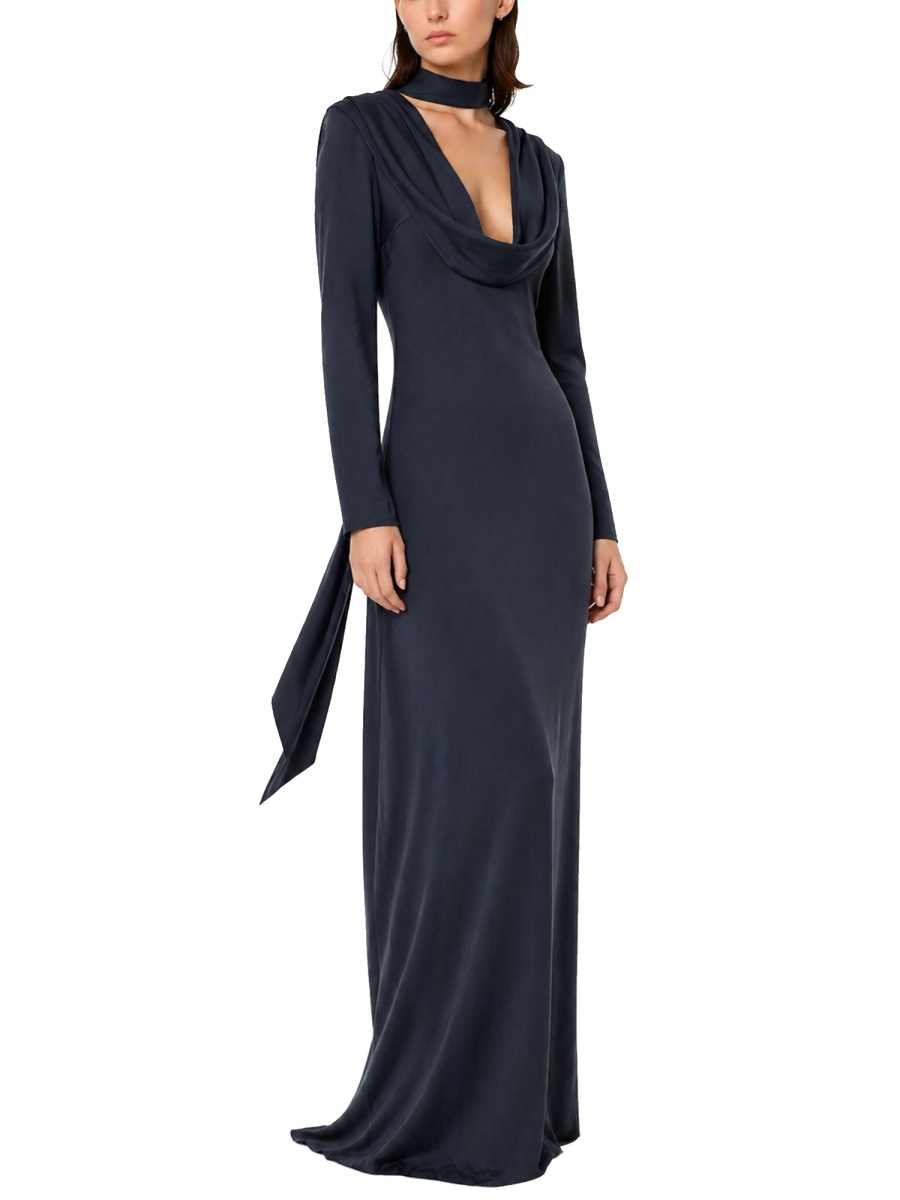 Rotate Grey Recycled Polyester Draped Maxi Dress Zwart