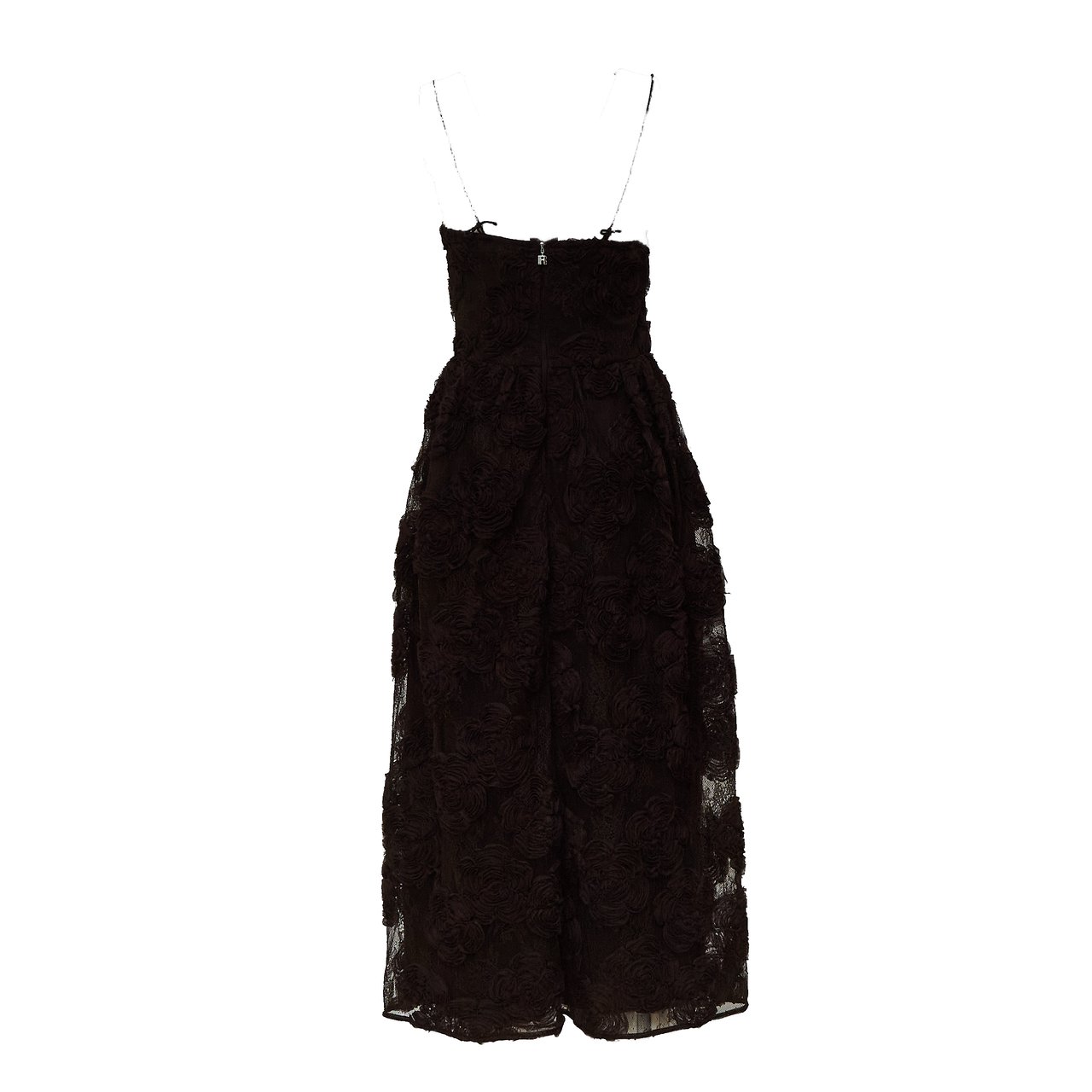 Rotate 3D Floral Lace Midi Dress With Fitted Bodice And Voluminous Skirt Zwart
