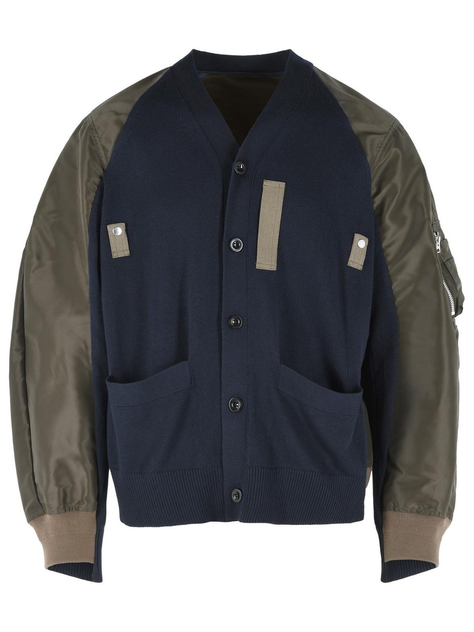 Sacai Cardigan In Navy Cotton And Khaki Blend Zwart