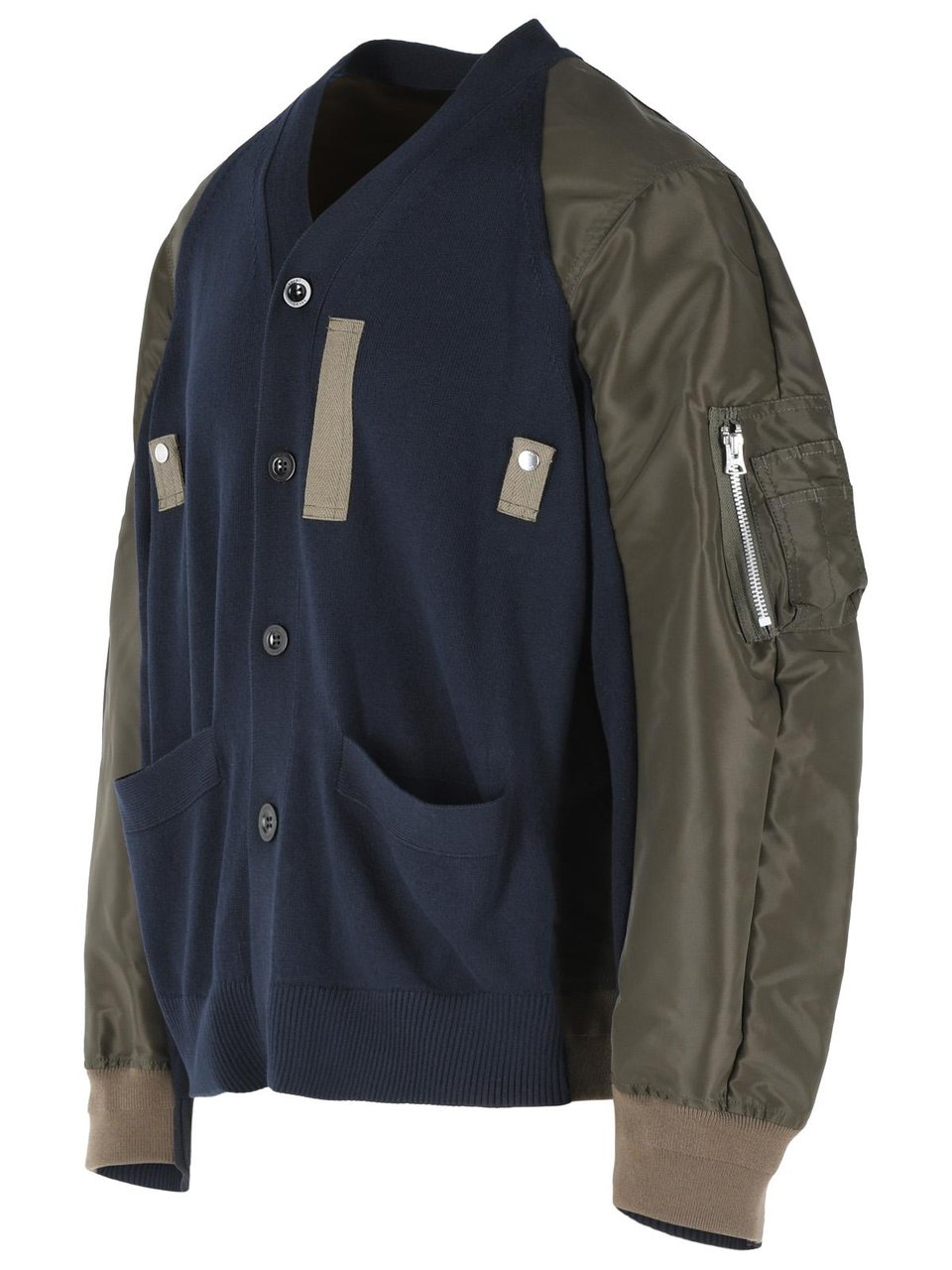 Sacai Cardigan In Navy Cotton And Khaki Blend Zwart