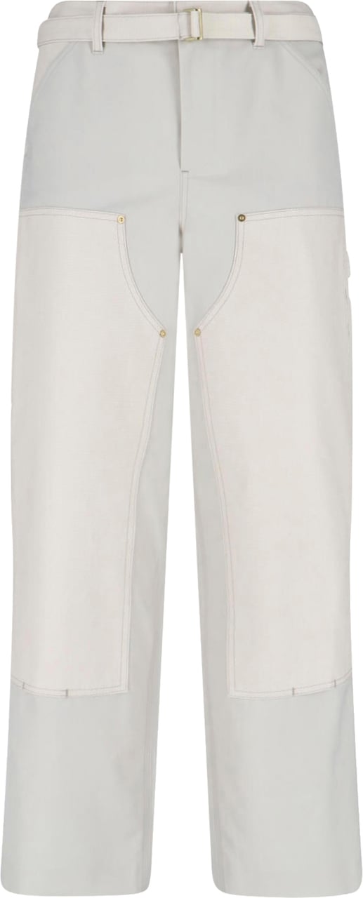 Sacai Double Knee White Pants With Mid-Rise Waist And Reinforced Patches Wit