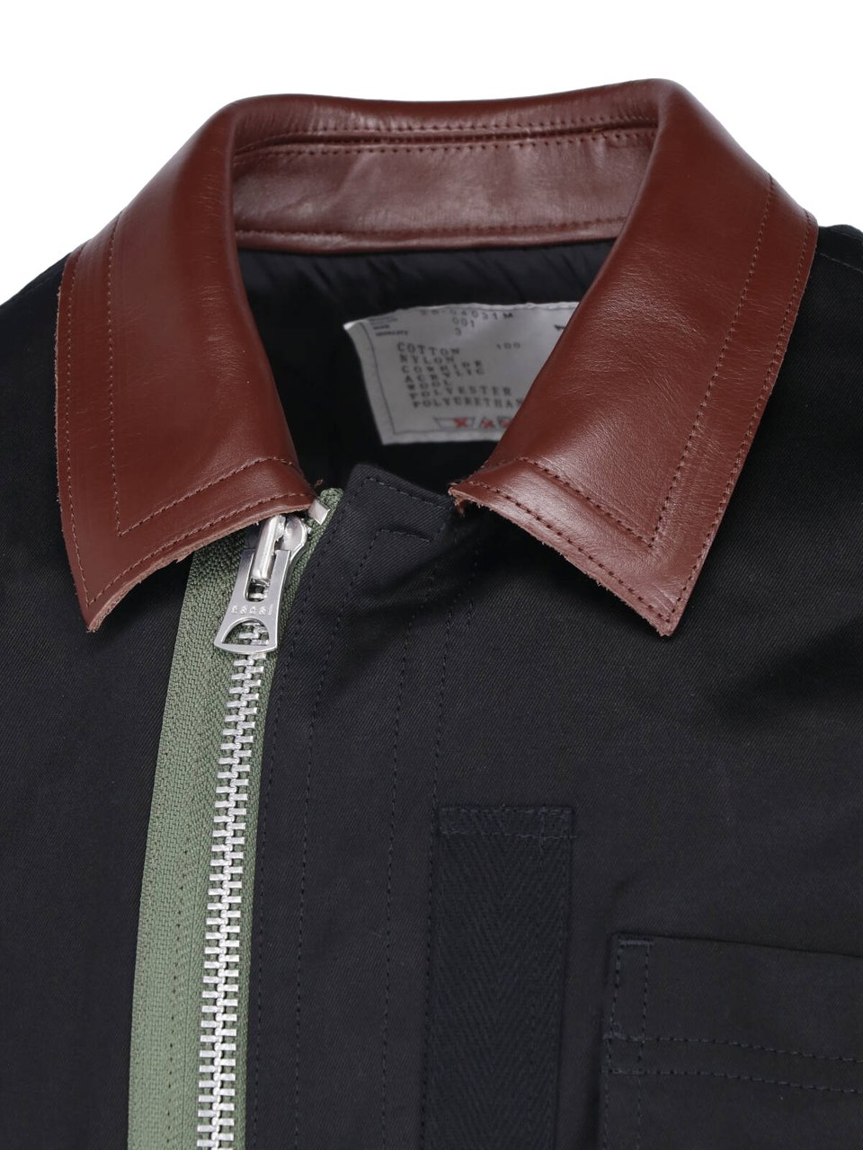 Sacai Black Cotton Leather Collar Jacket Zwart