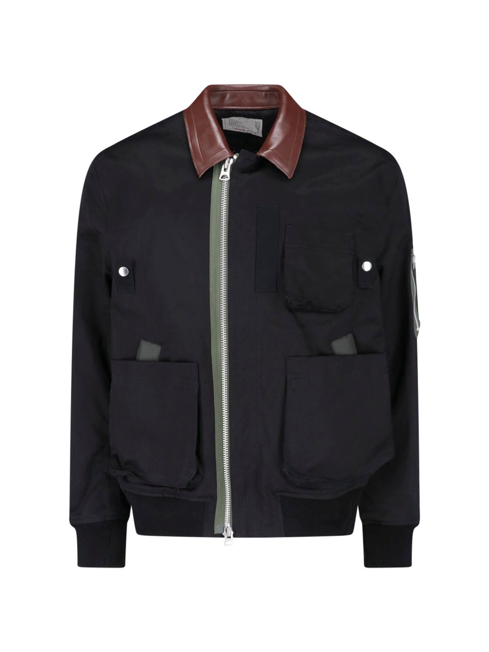Sacai Black Cotton Leather Collar Jacket Zwart