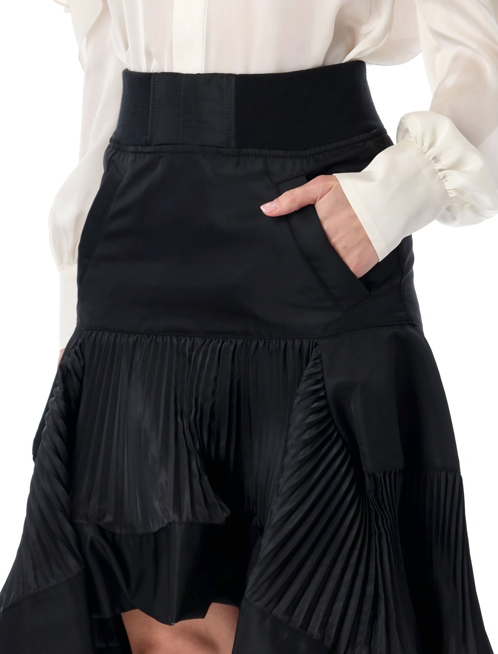 Sacai Sacai Nylon Twill Midi Skirt with pleated inserts Zwart