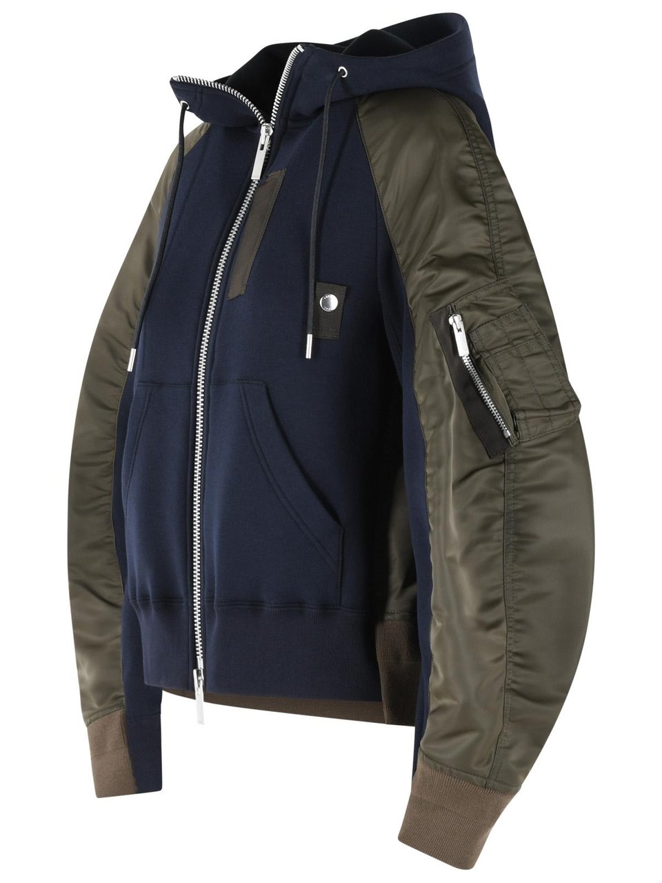 Sacai Hoodie In Navy Cotton And Khaki Blend Zwart