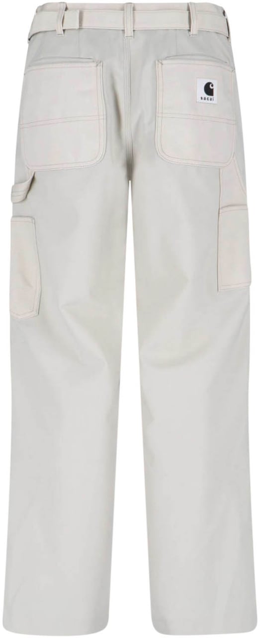 Sacai Double Knee White Pants With Mid-Rise Waist And Reinforced Patches Wit