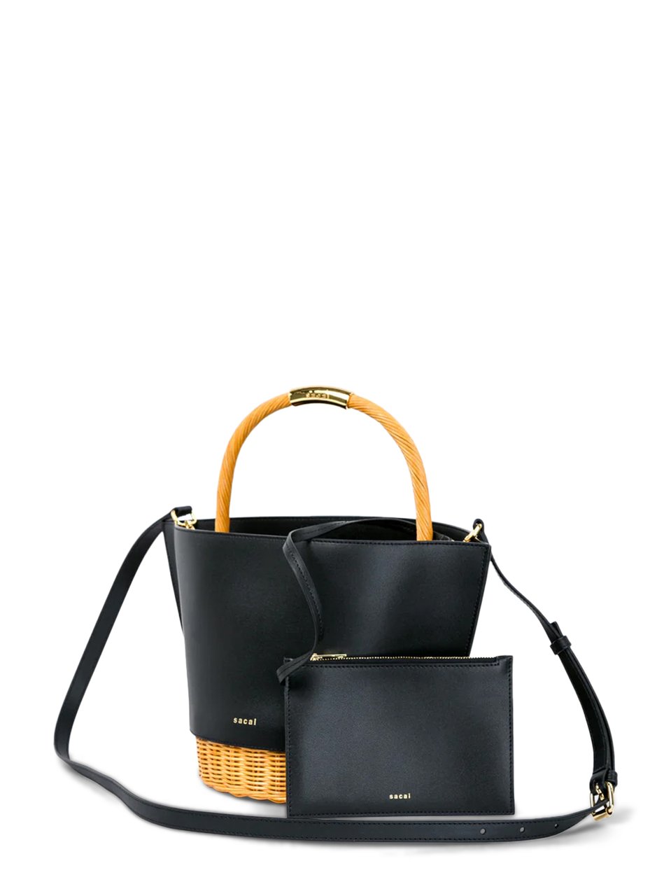Sacai Medium Leather and Rattan Basket Ba Zwart