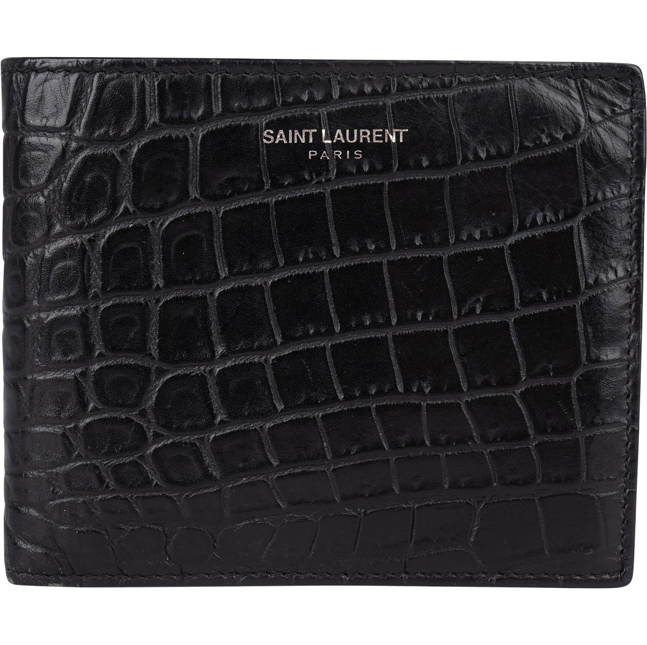 Saint Laurent Saint Laurent Croc Embossed Leather Bifold Wallet Zwart