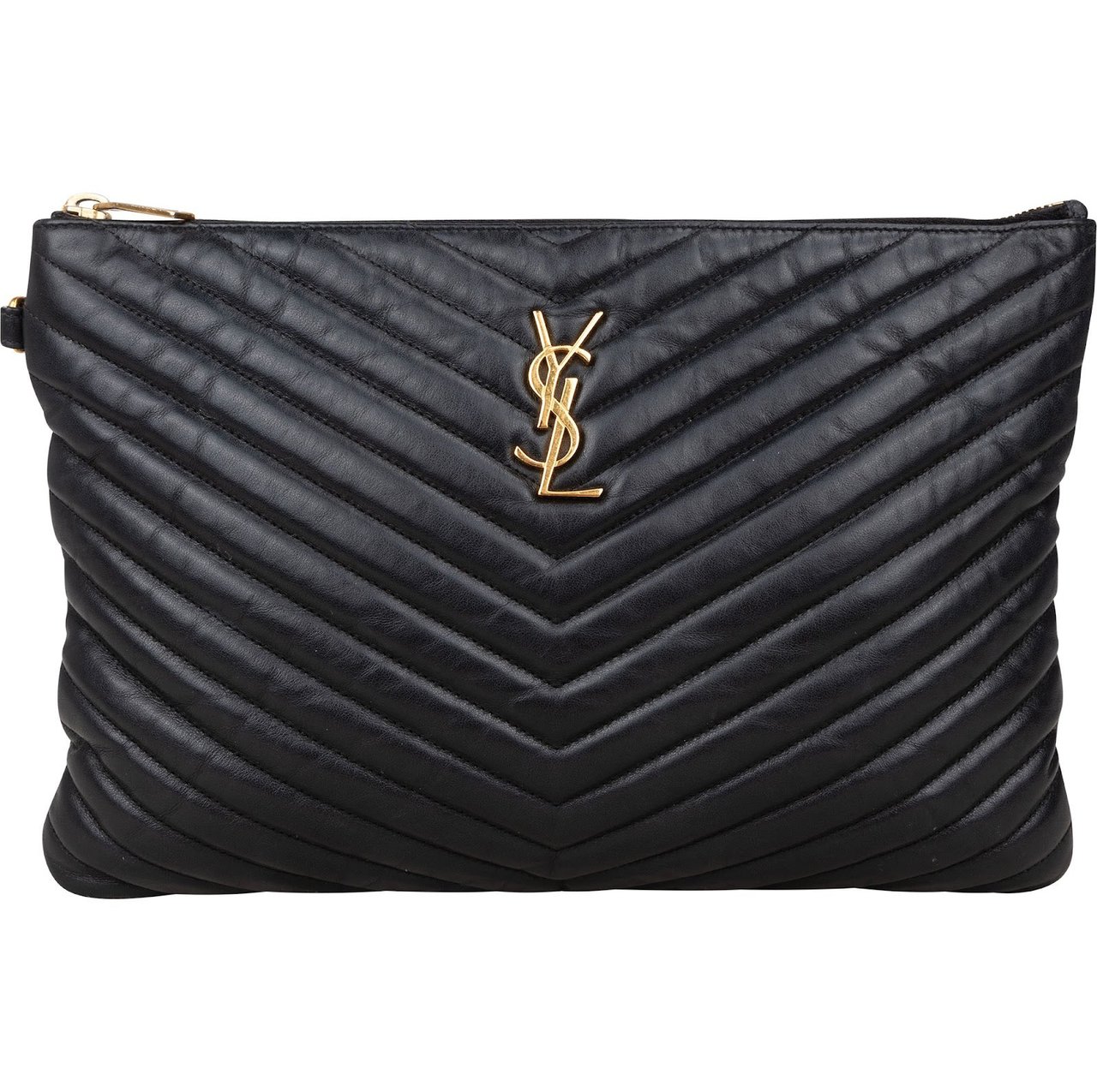 Saint Laurent Saint Laurent Quilted Chevron Leather Clutch Zwart