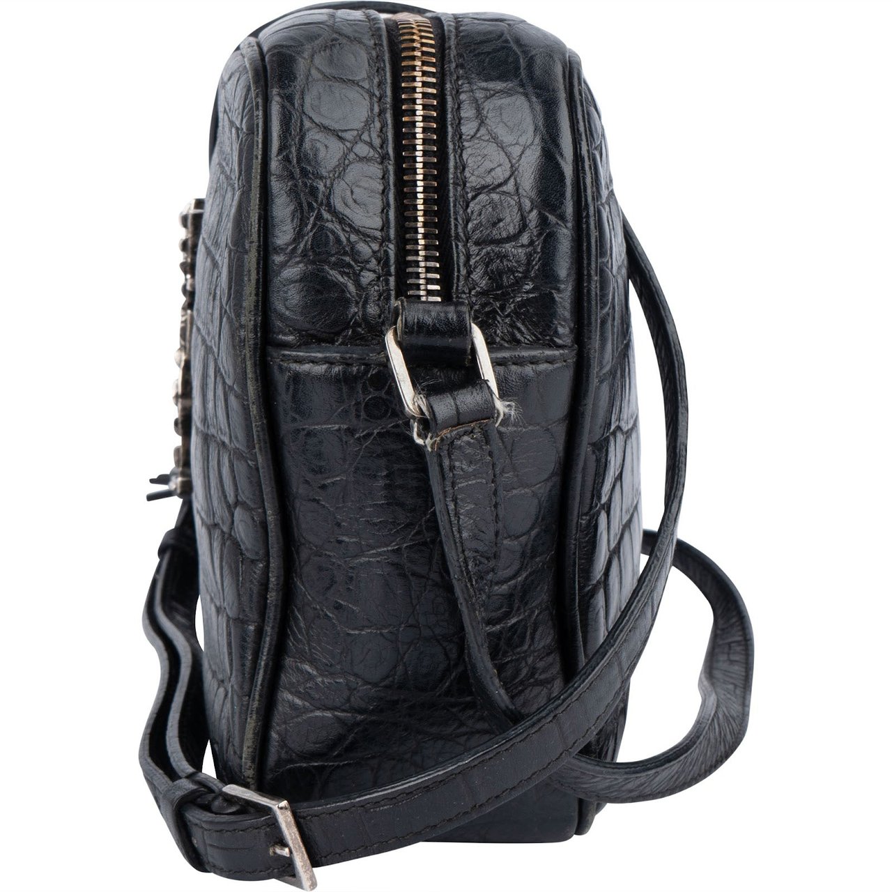 Saint Laurent Saint Laurent Croc-Embossed Leather Lou Camera Crossbody Bag Zwart