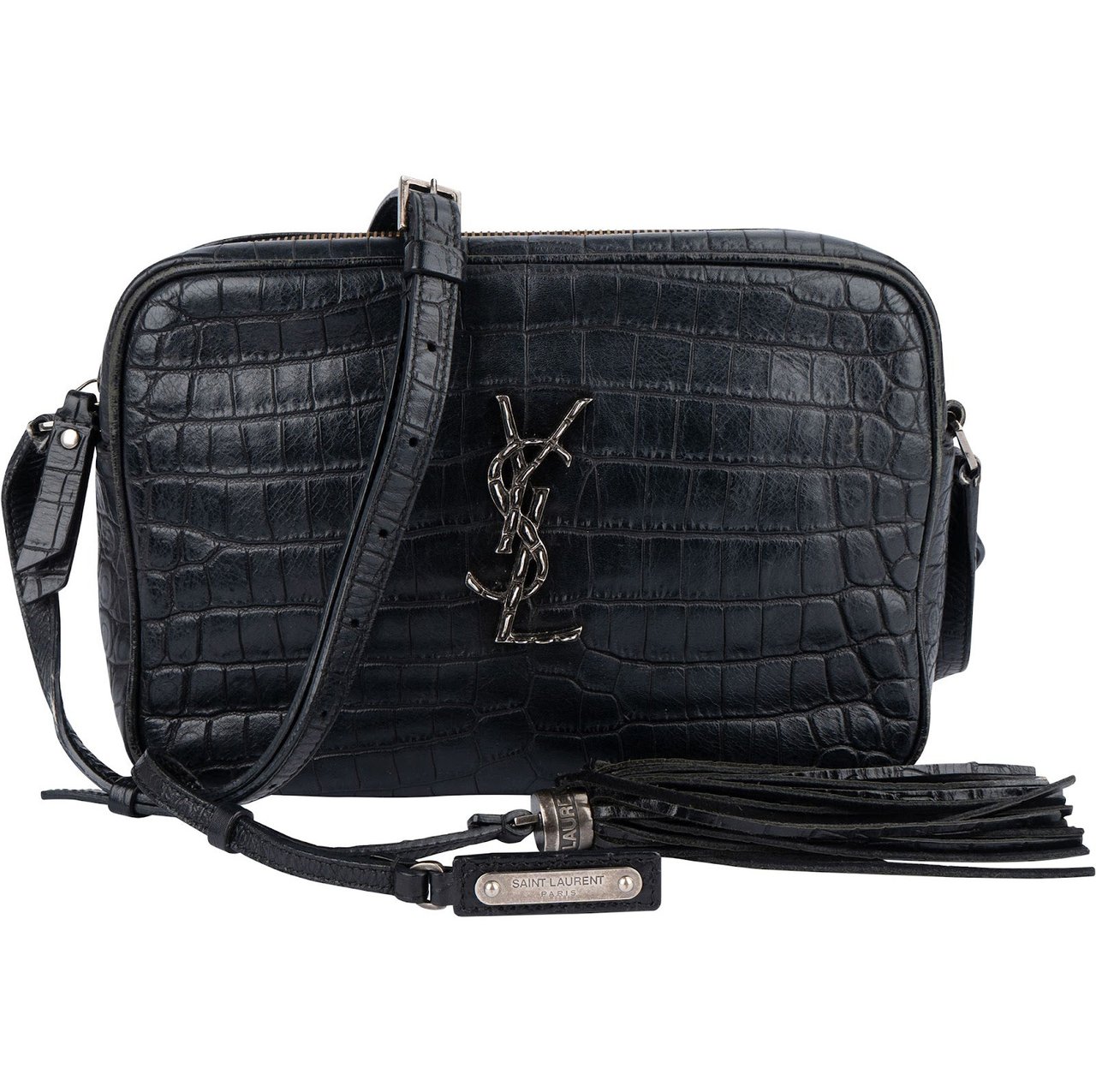 Saint Laurent Saint Laurent Croc-Embossed Leather Lou Camera Crossbody Bag Zwart
