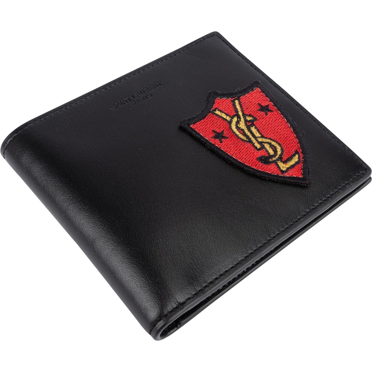 Saint Laurent Leather YSL Shield Patch Bifold Wallet Zwart