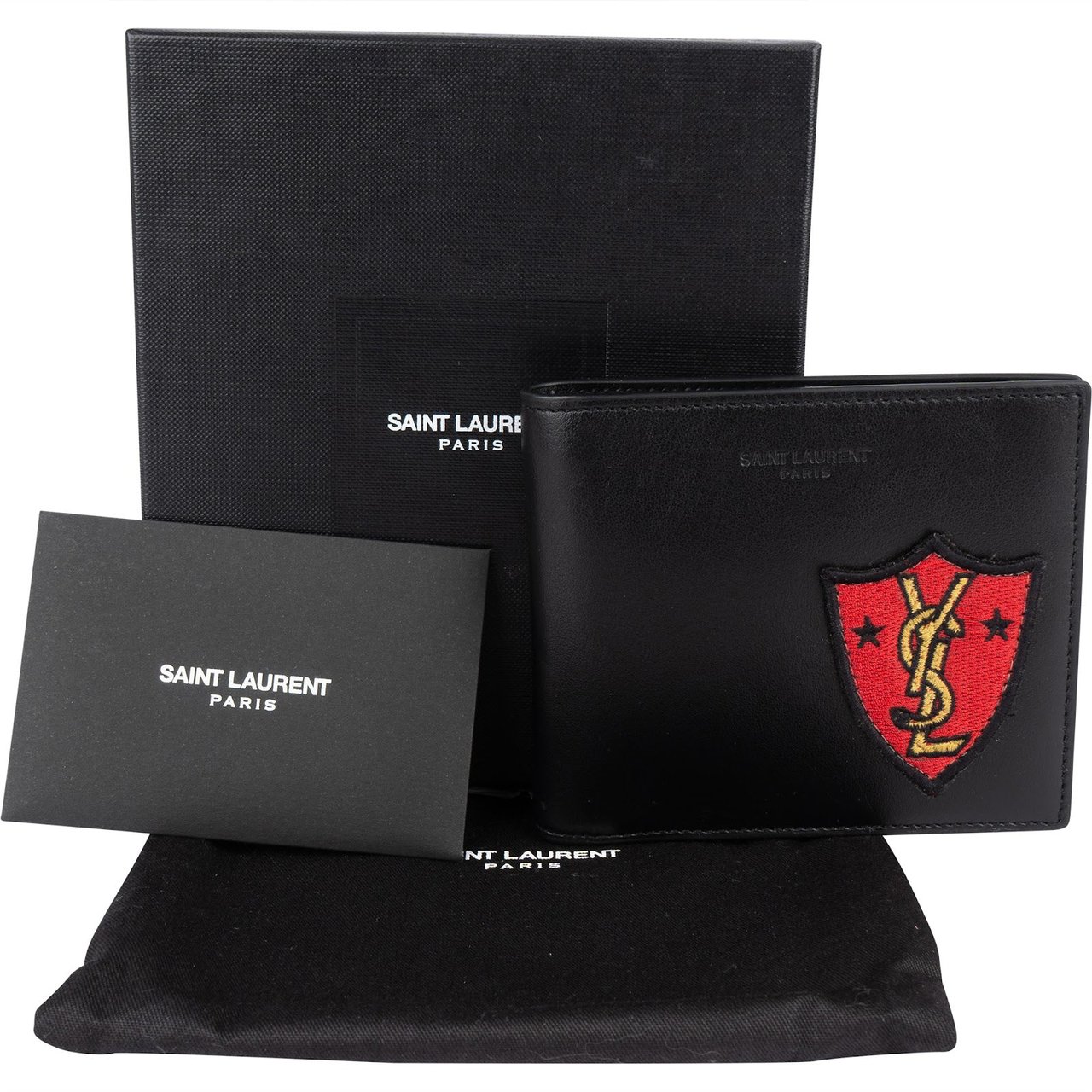 Saint Laurent Leather YSL Shield Patch Bifold Wallet Zwart