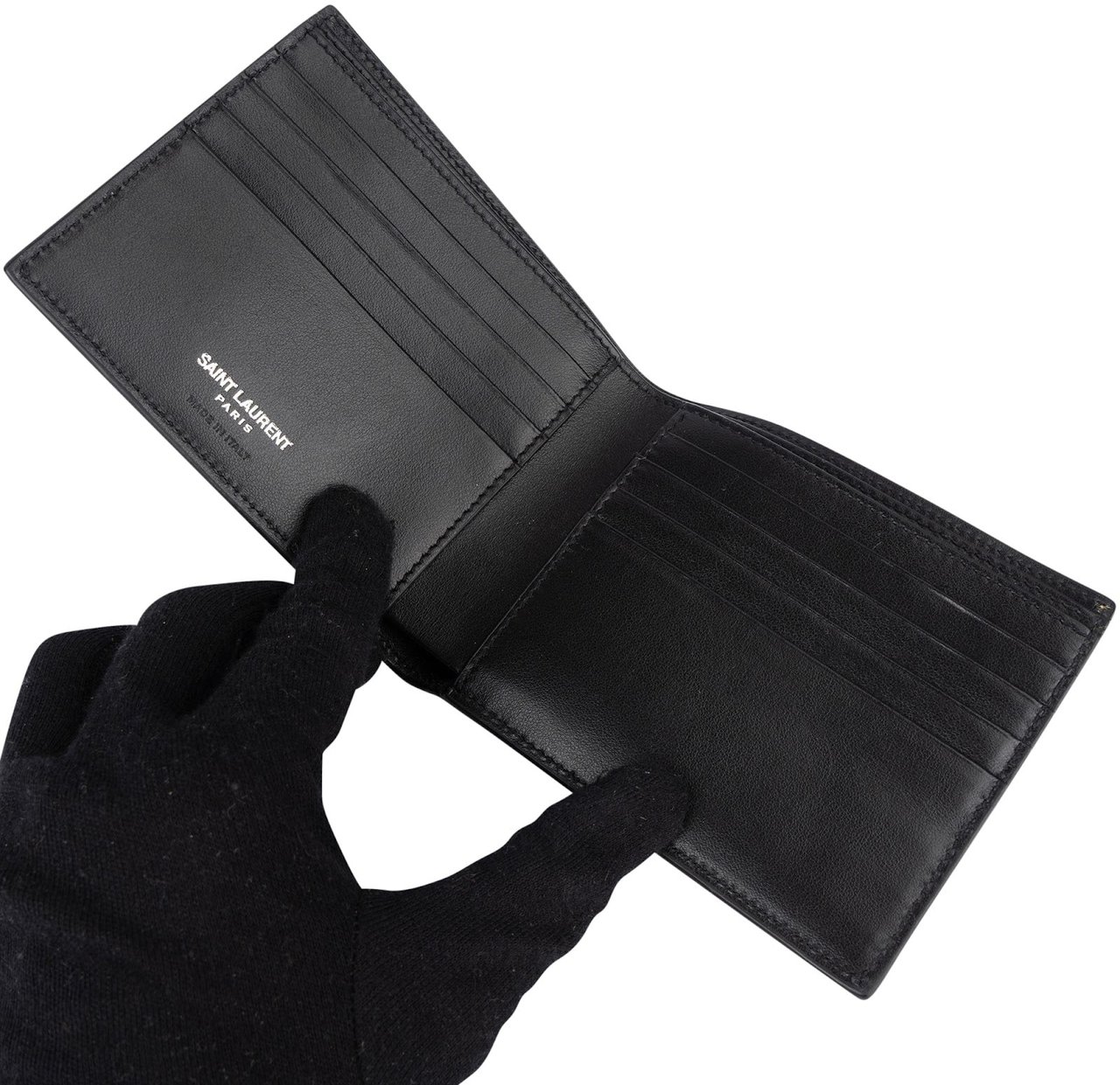 Saint Laurent Leather YSL Shield Patch Bifold Wallet Zwart