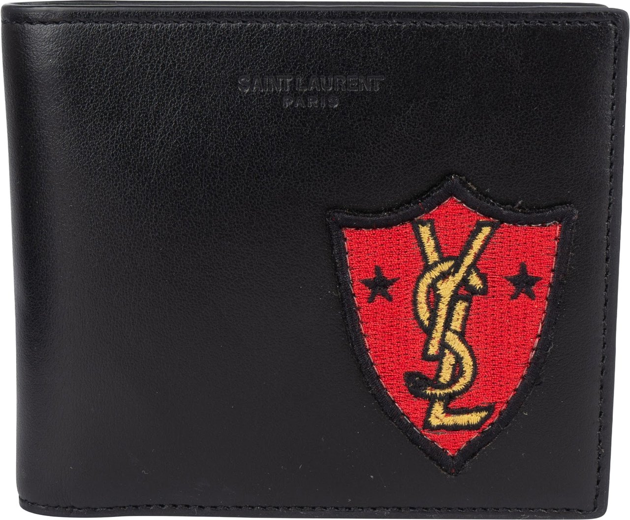 Saint Laurent Leather YSL Shield Patch Bifold Wallet Zwart