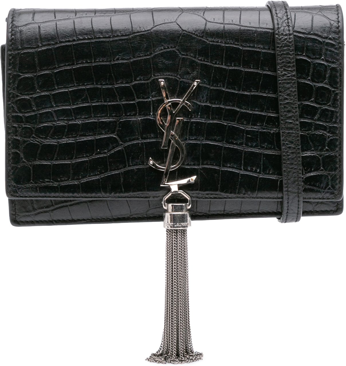 Saint Laurent Croc Embossed Leather Monogram Kate Tassel Wallet on Chain Zwart