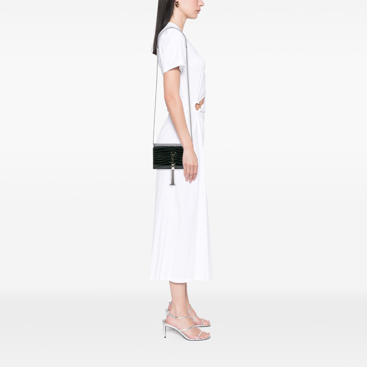Saint Laurent Croc Embossed Leather Monogram Kate Tassel Wallet on Chain Zwart
