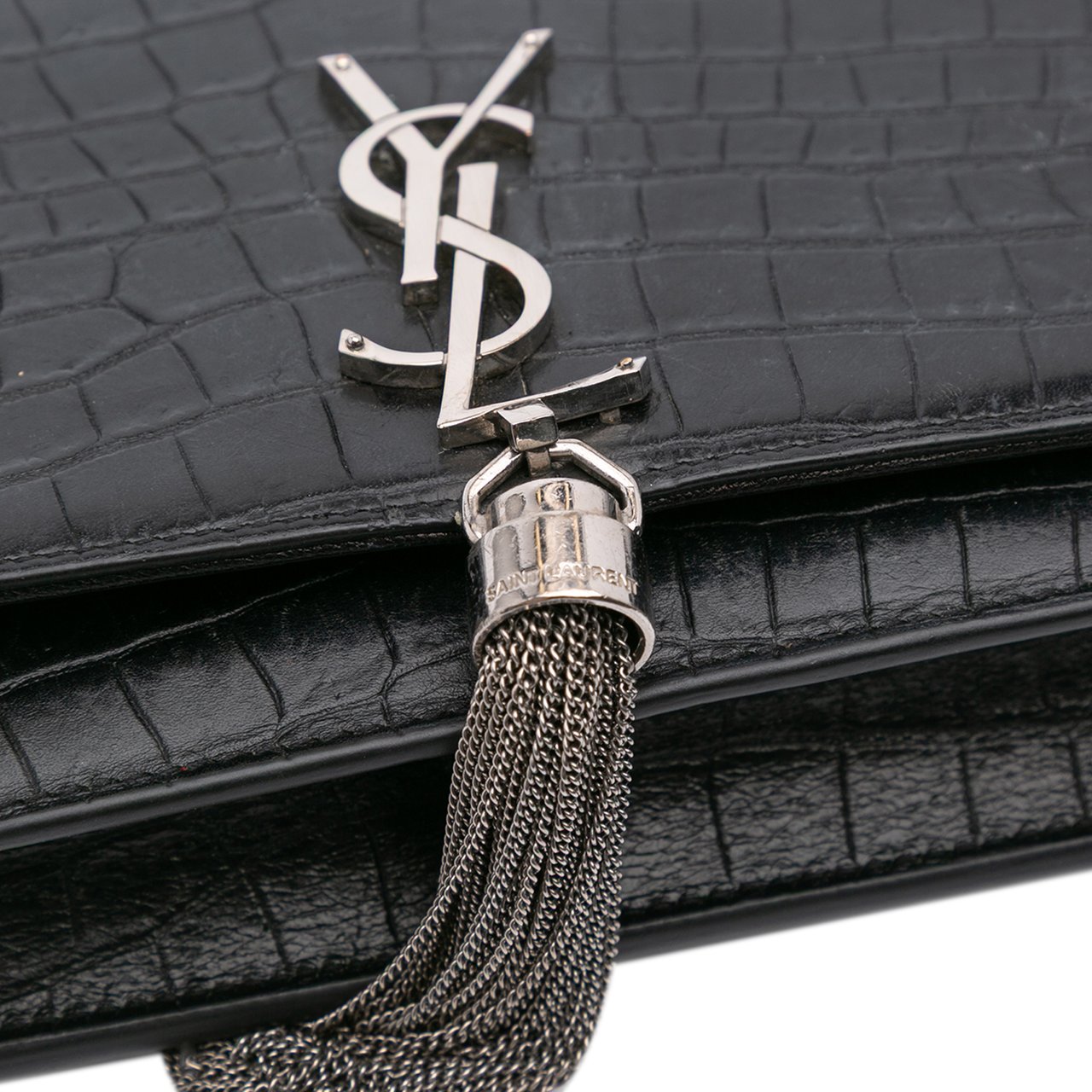 Saint Laurent Croc Embossed Leather Monogram Kate Tassel Wallet on Chain Zwart
