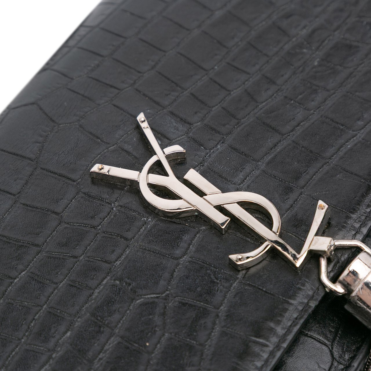 Saint Laurent Croc Embossed Leather Monogram Kate Tassel Wallet on Chain Zwart