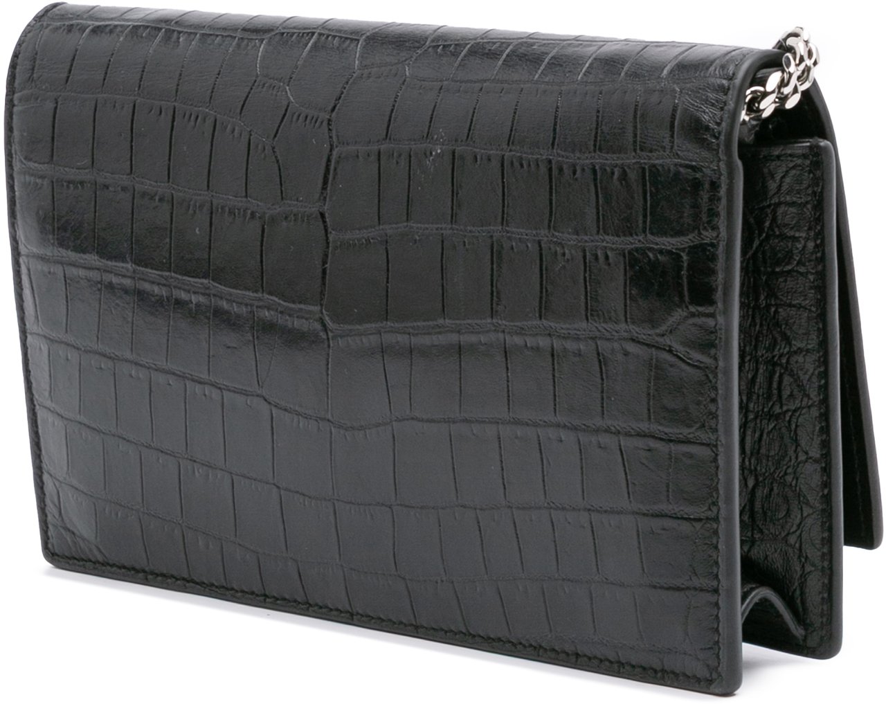 Saint Laurent Croc Embossed Leather Monogram Kate Tassel Wallet on Chain Zwart