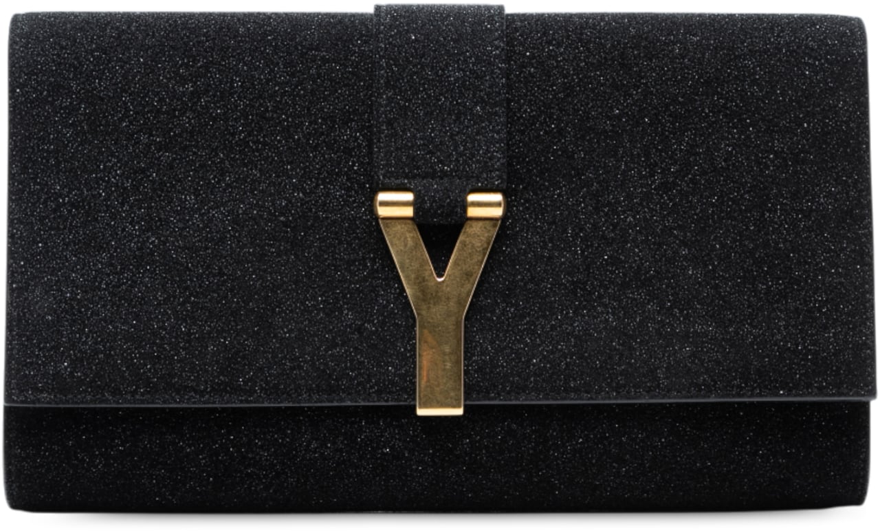 Saint Laurent Suede Shimmer Glitter Chyc Ligne Clutch Zwart