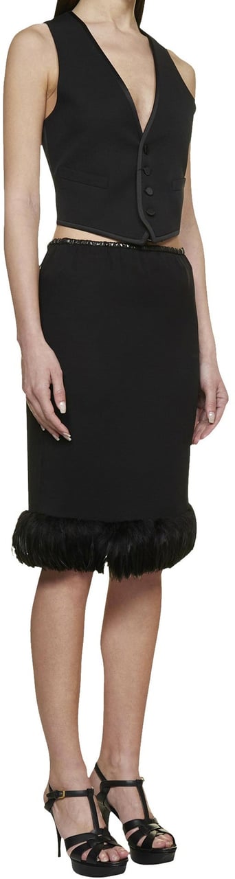 Saint Laurent Feathers Trim Silk Skirt Zwart