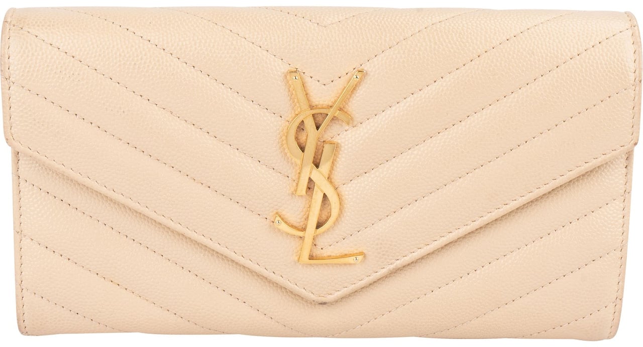 Saint Laurent Saint Laurent Grain de Poudre Leather Monogram Flap Wallet Beige