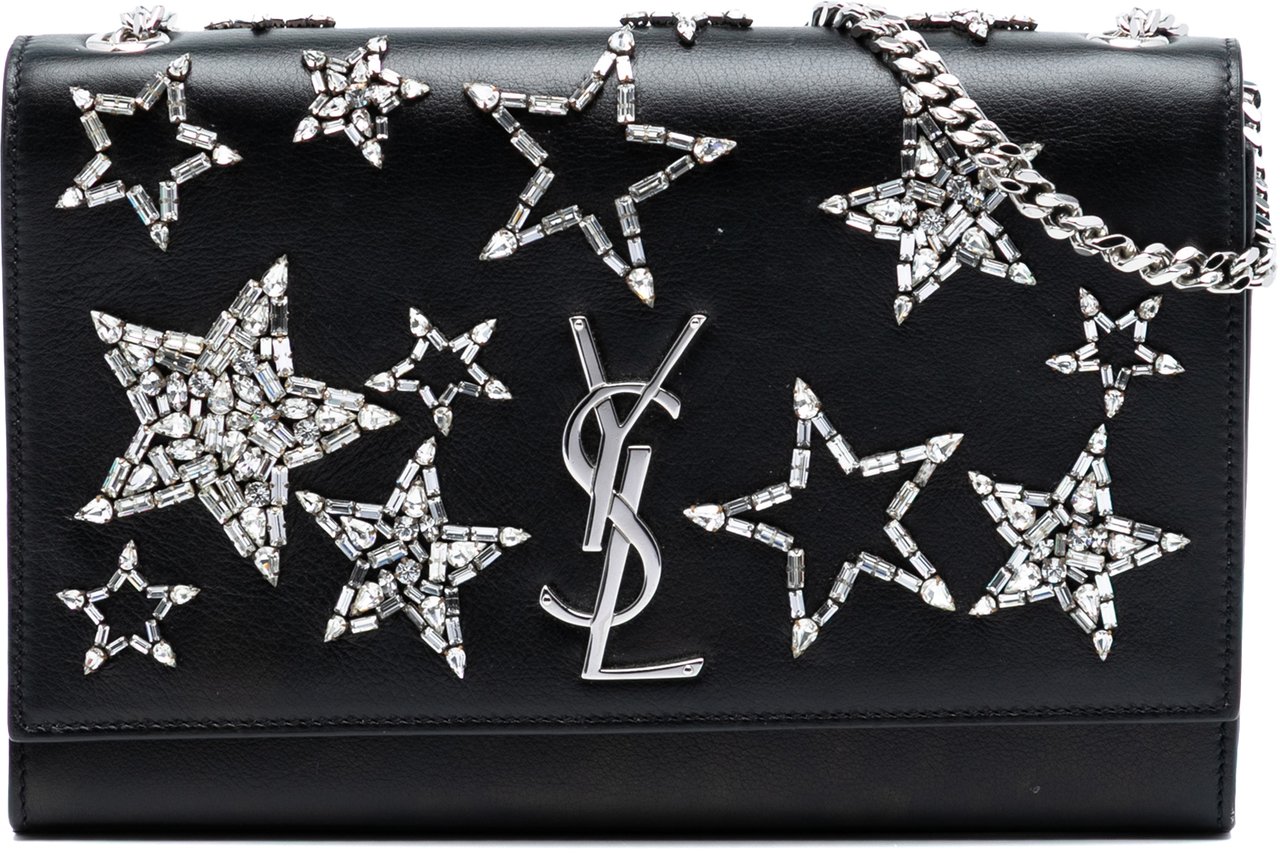 Saint Laurent Medium Smooth Calfskin Crystal Star Monogram Kate Crossbody Zwart
