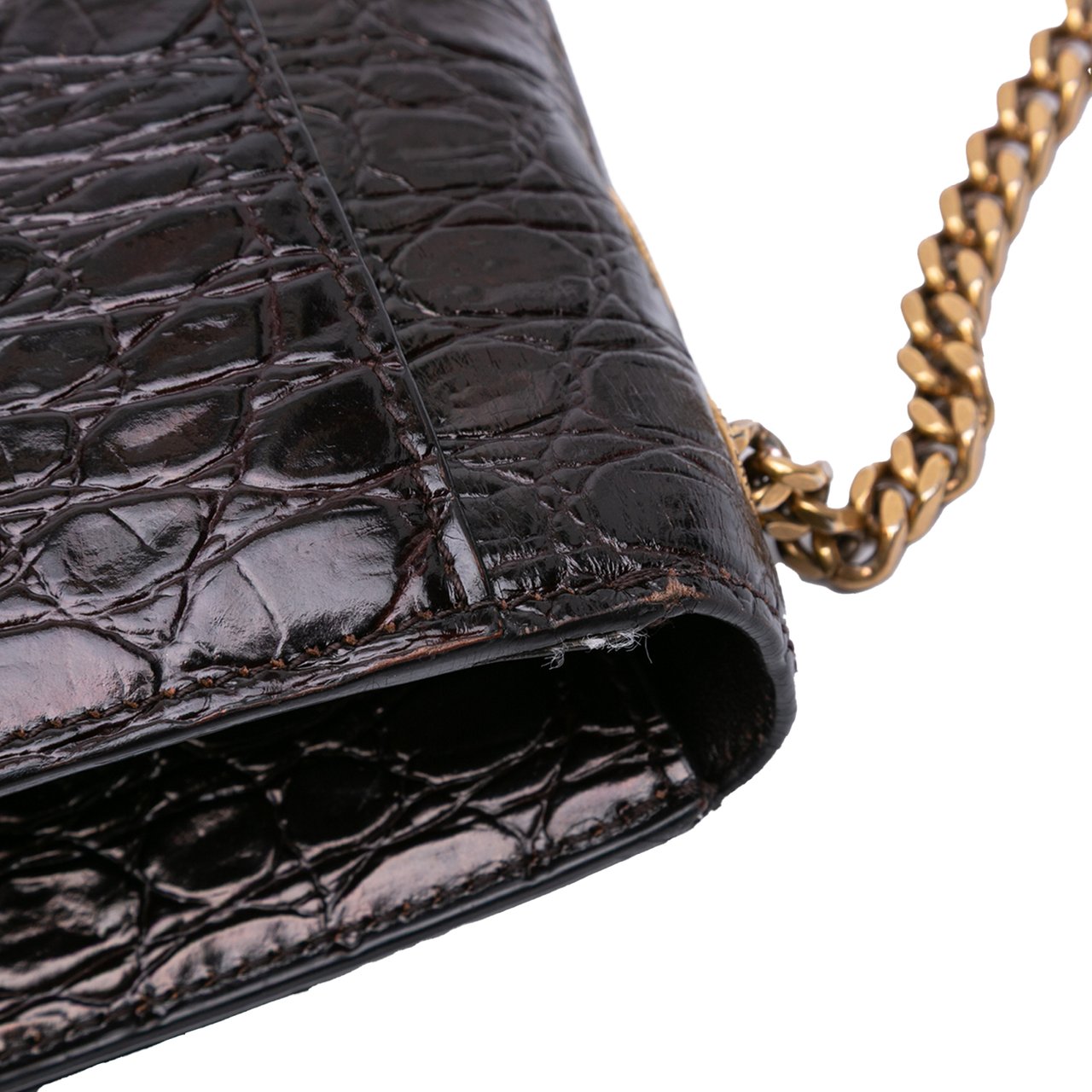 Saint Laurent Croc Embossed Leather Tuc Chain Shoulder Bag Bruin