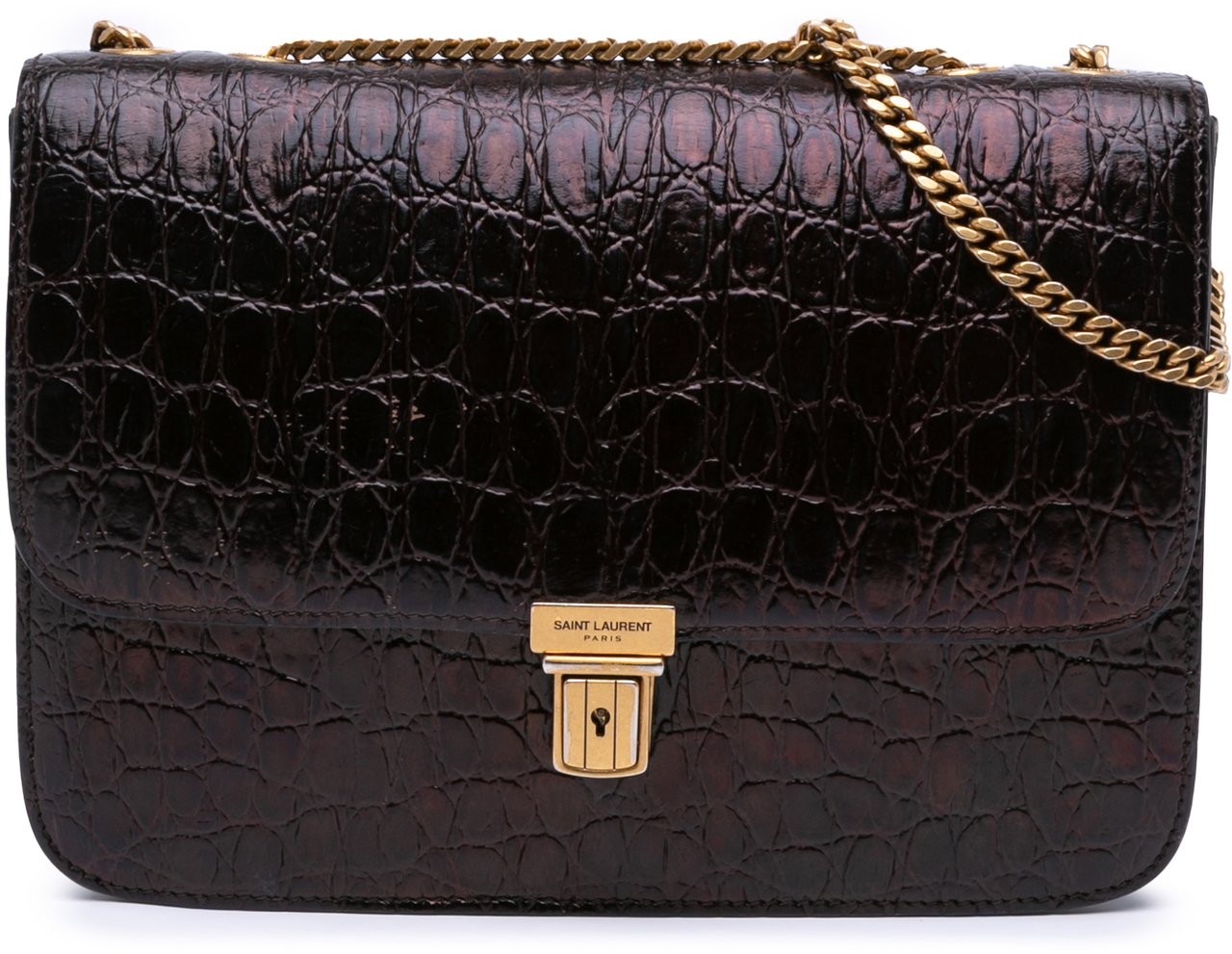 Saint Laurent Croc Embossed Leather Tuc Chain Shoulder Bag Bruin