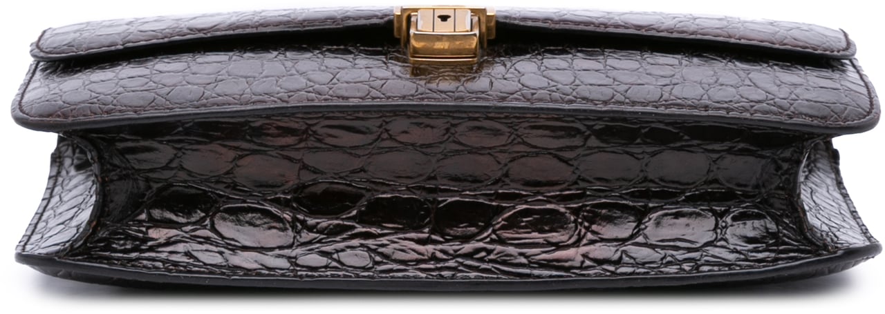 Saint Laurent Croc Embossed Leather Tuc Chain Shoulder Bag Bruin