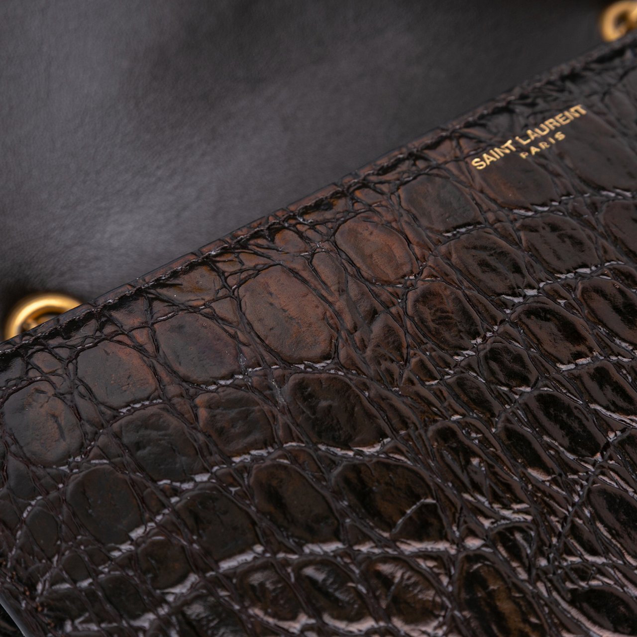 Saint Laurent Croc Embossed Leather Tuc Chain Shoulder Bag Bruin