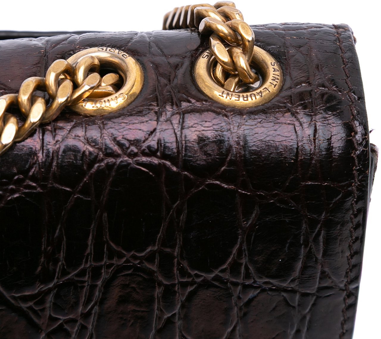 Saint Laurent Croc Embossed Leather Tuc Chain Shoulder Bag Bruin