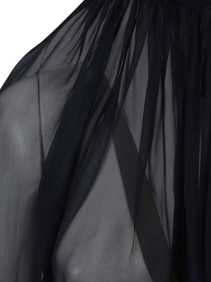 Saint Laurent High-Neck Sheer Silk Shirt With Delicate Pleating Grijs