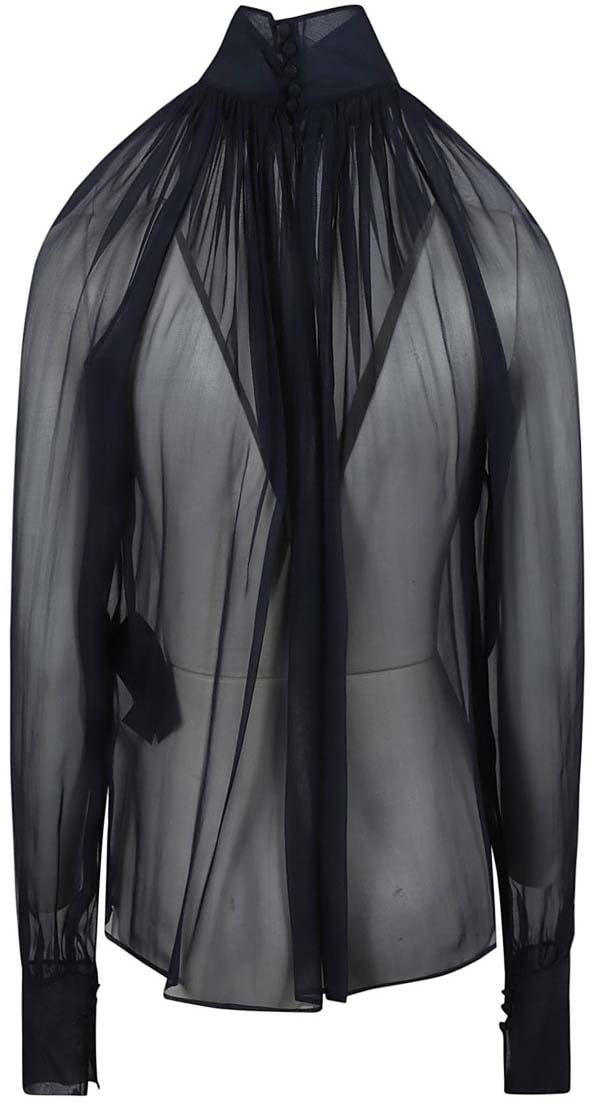 Saint Laurent High-Neck Sheer Silk Shirt With Delicate Pleating Grijs