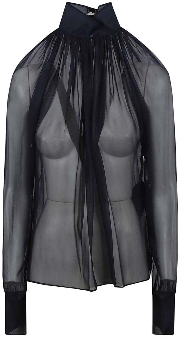 Saint Laurent High-Neck Sheer Silk Shirt With Delicate Pleating Grijs