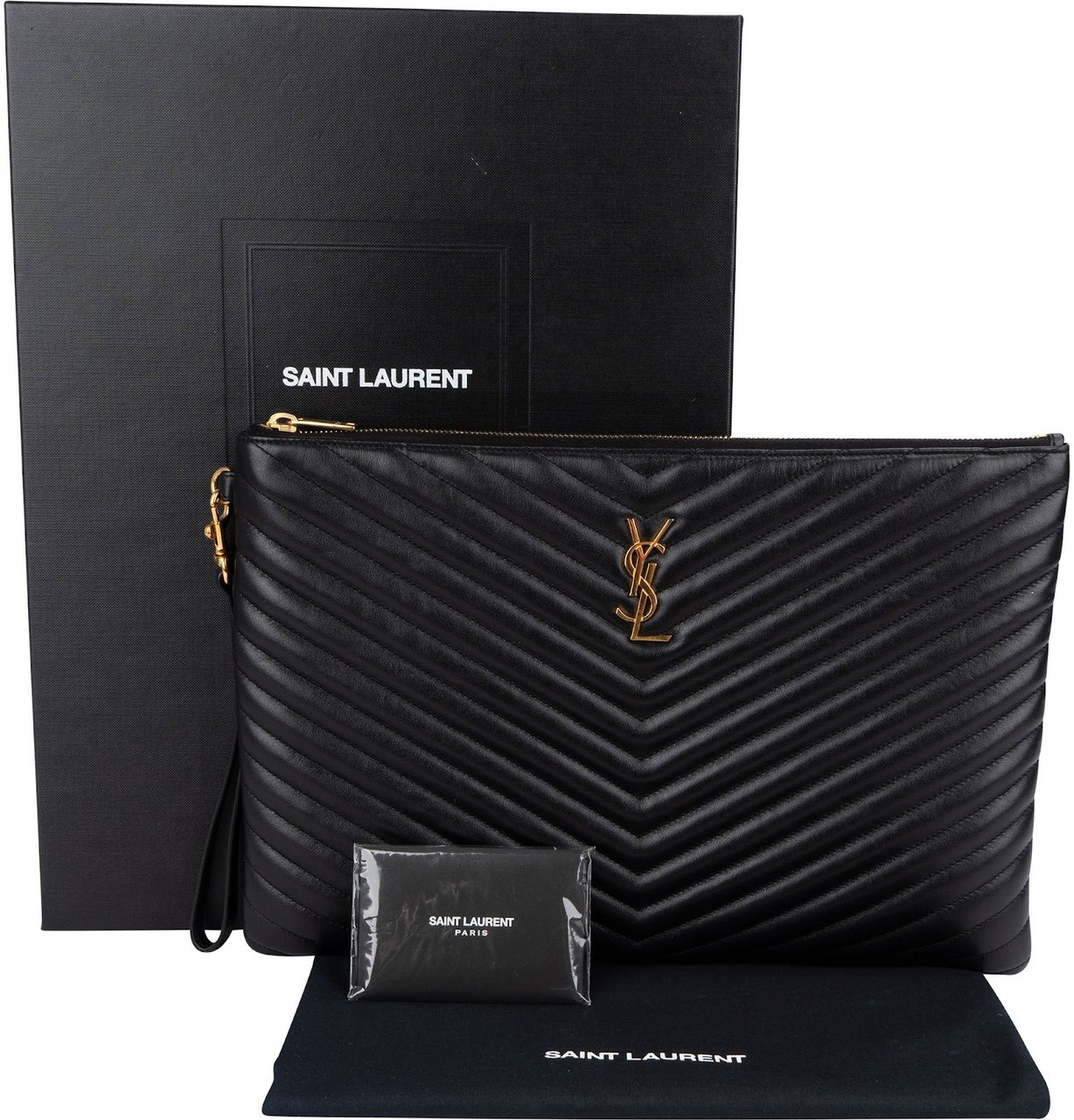 Saint Laurent Saint Laurent Quilted Leather Large Monogram Clutch Zwart