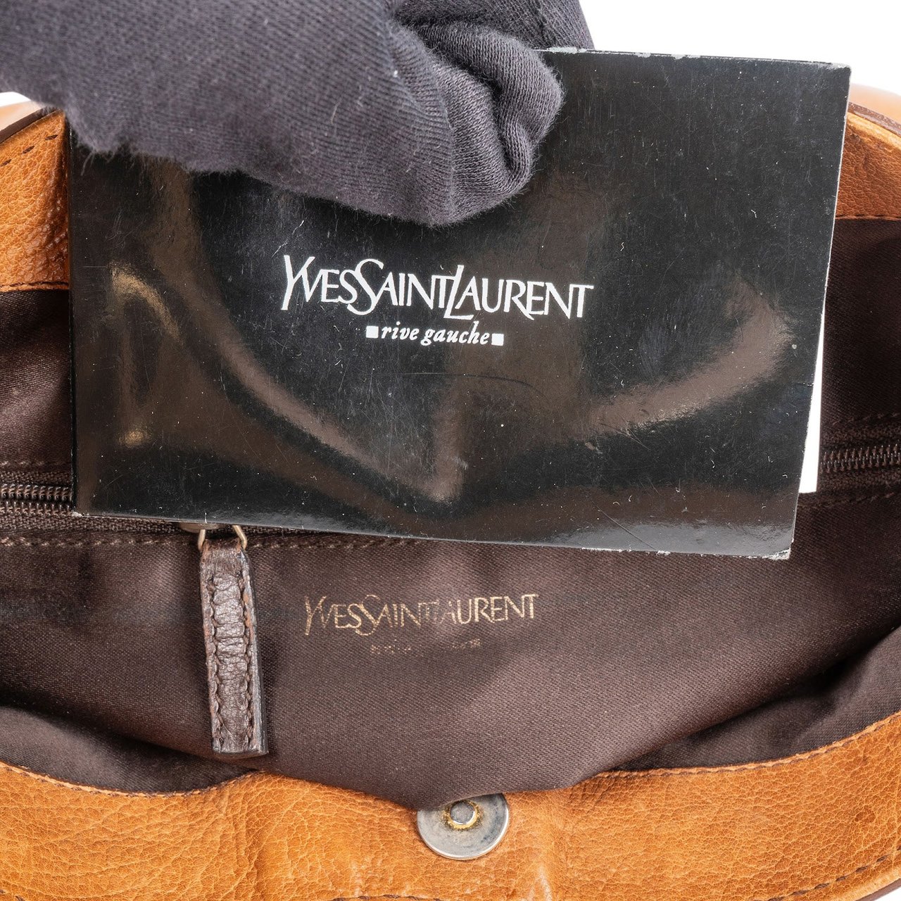 Saint Laurent Yves Saint Laurent Leather Stitched Emblem Hobo Shoulder Bag Bruin