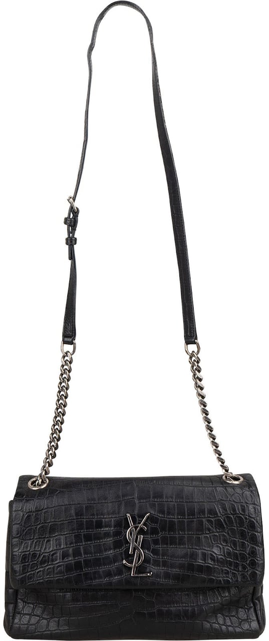 Saint Laurent Croc-Embossed Leather Niki Chain Crossbody Bag Zwart