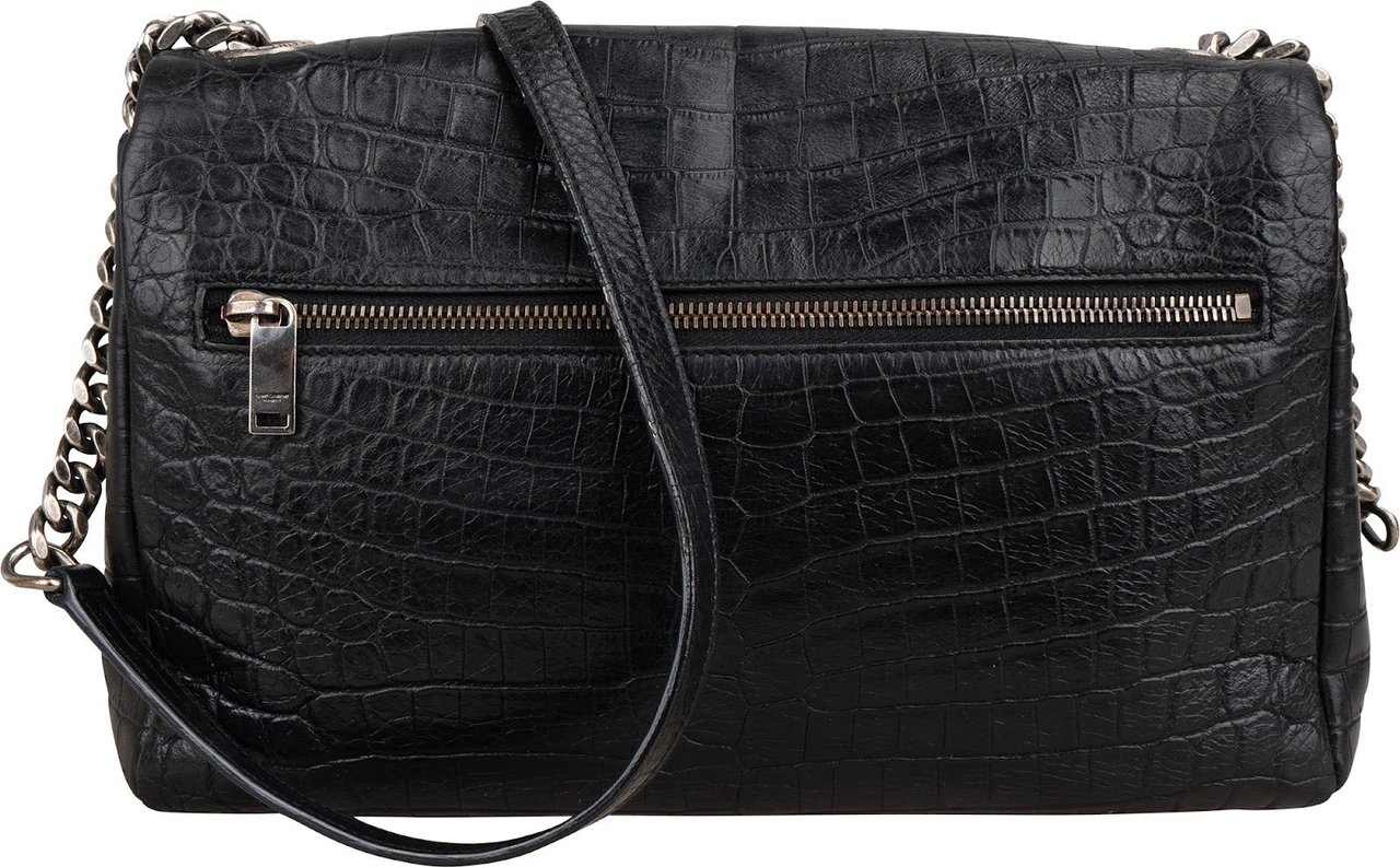 Saint Laurent Croc-Embossed Leather Niki Chain Crossbody Bag Zwart