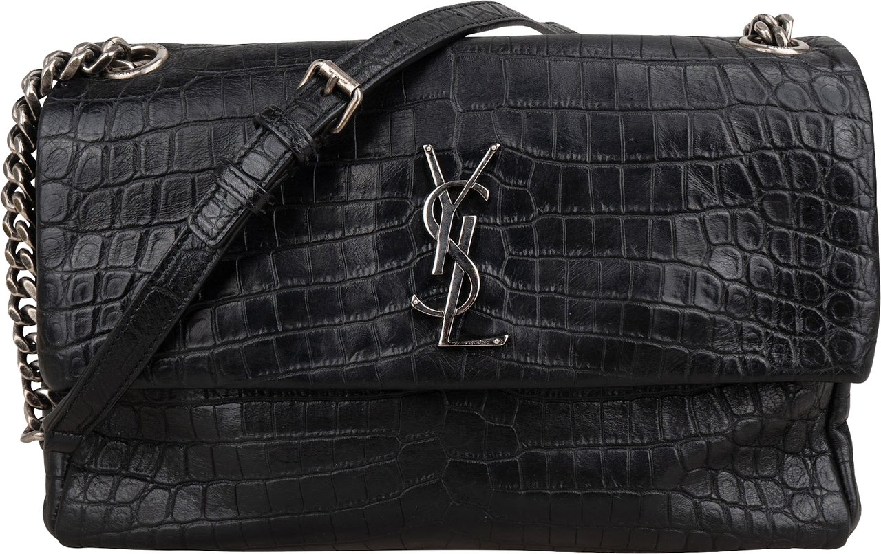 Saint Laurent Croc-Embossed Leather Niki Chain Crossbody Bag Zwart