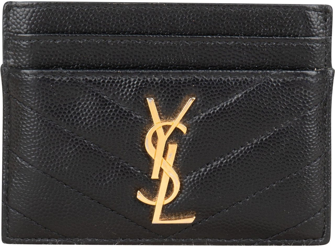 Saint Laurent Grain de Poudre Leather Chevron Card Holder Zwart