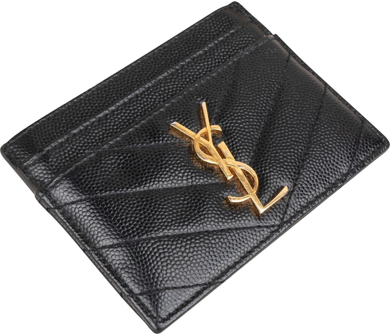 Saint Laurent Grain de Poudre Leather Chevron Card Holder Zwart